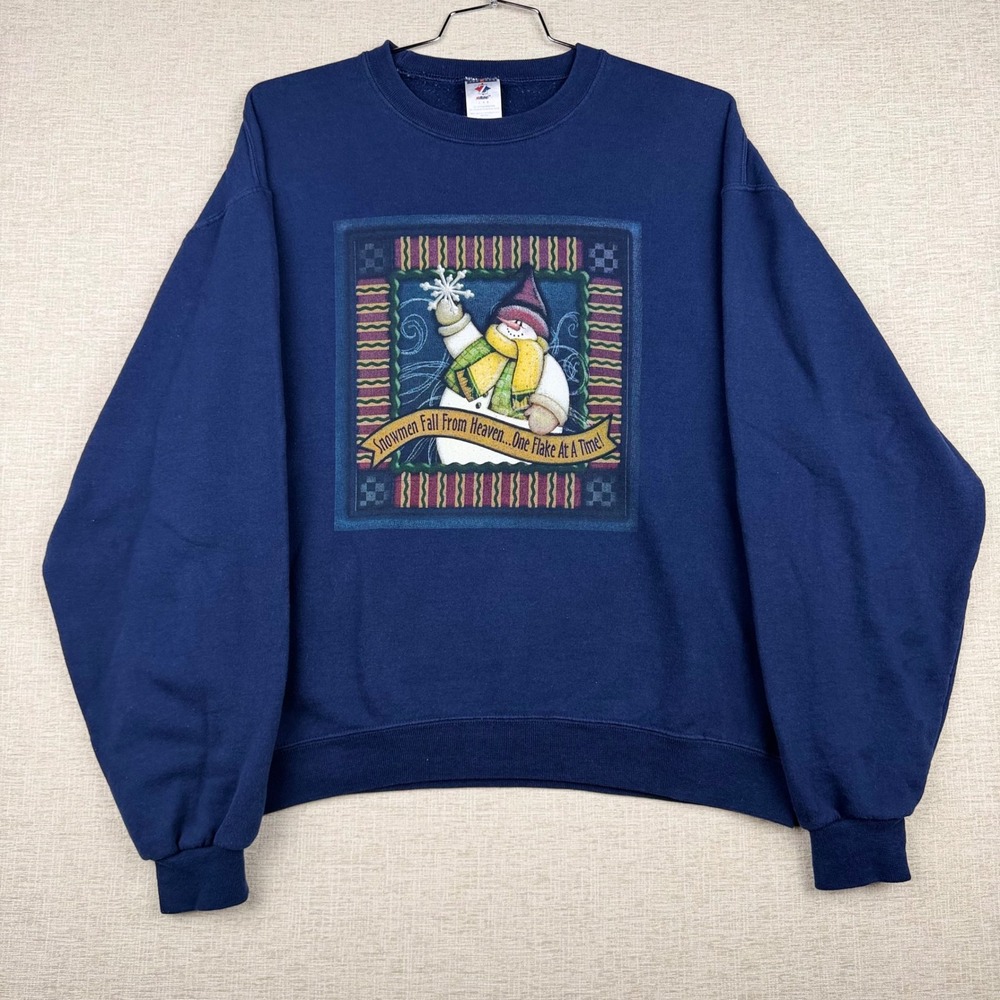 Vintage Jerzees Snowman Graphic Sweatshirt Navy Blue Y2K Christmas Mens Large